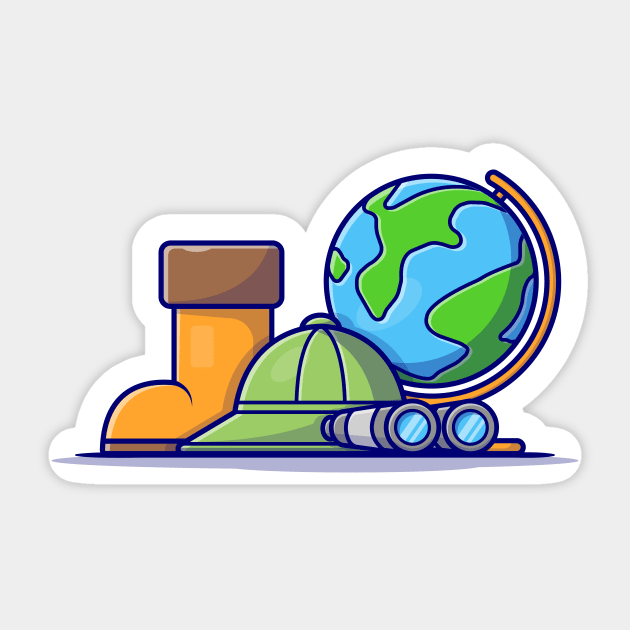 Boot Shoes with Hat, Binoculars and Globe World Cartoon Vector Icon Illustration Sticker by Catalyst Labs